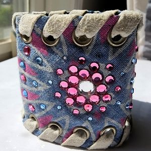 OOAK Textile blue, hot pink rhinestone and suede band snap button bracelet,